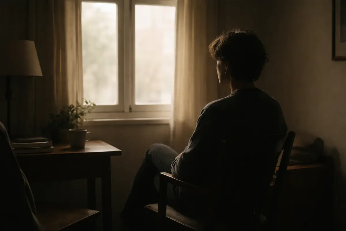 Personne assise seule dans une pièce sombre regardant par la fenêtre