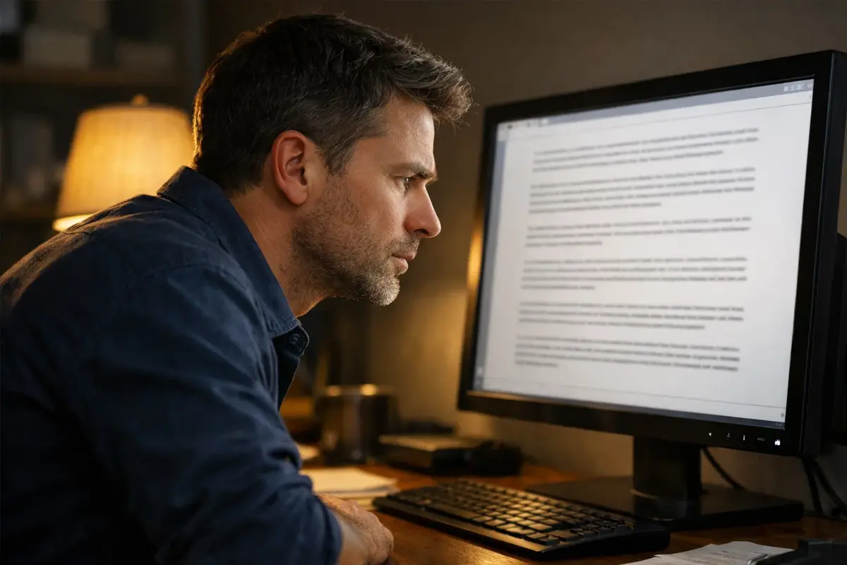 Personne lisant attentivement les conditions d'un bonus sur un écran d'ordinateur