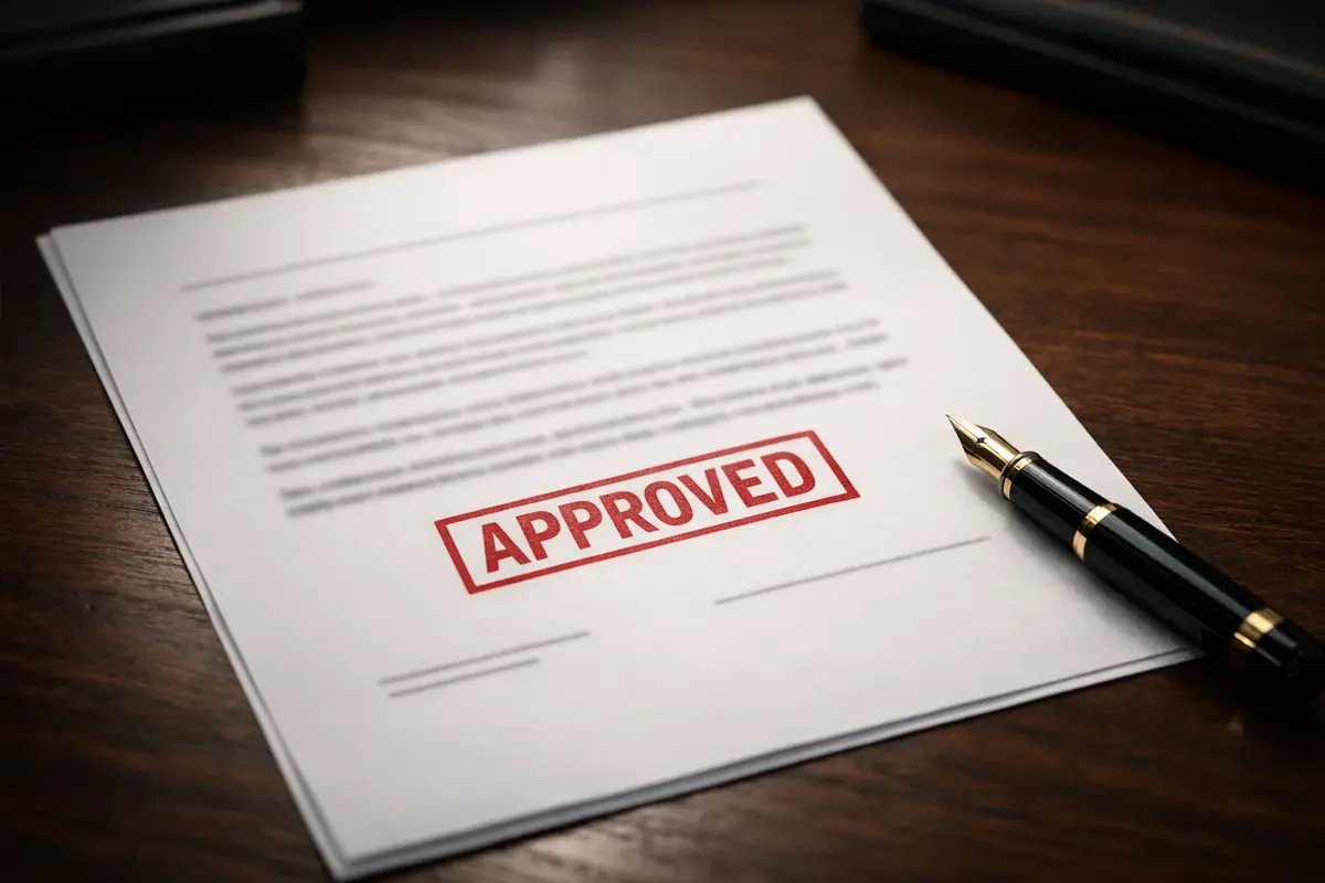Document officiel avec un tampon d'agrément posé sur un bureau