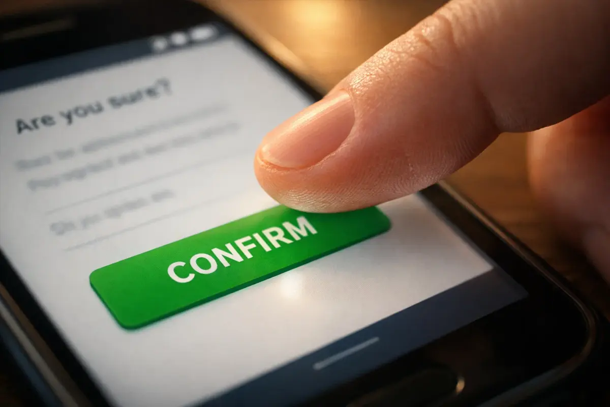 Main appuyant sur un bouton vert de validation sur un écran de smartphone