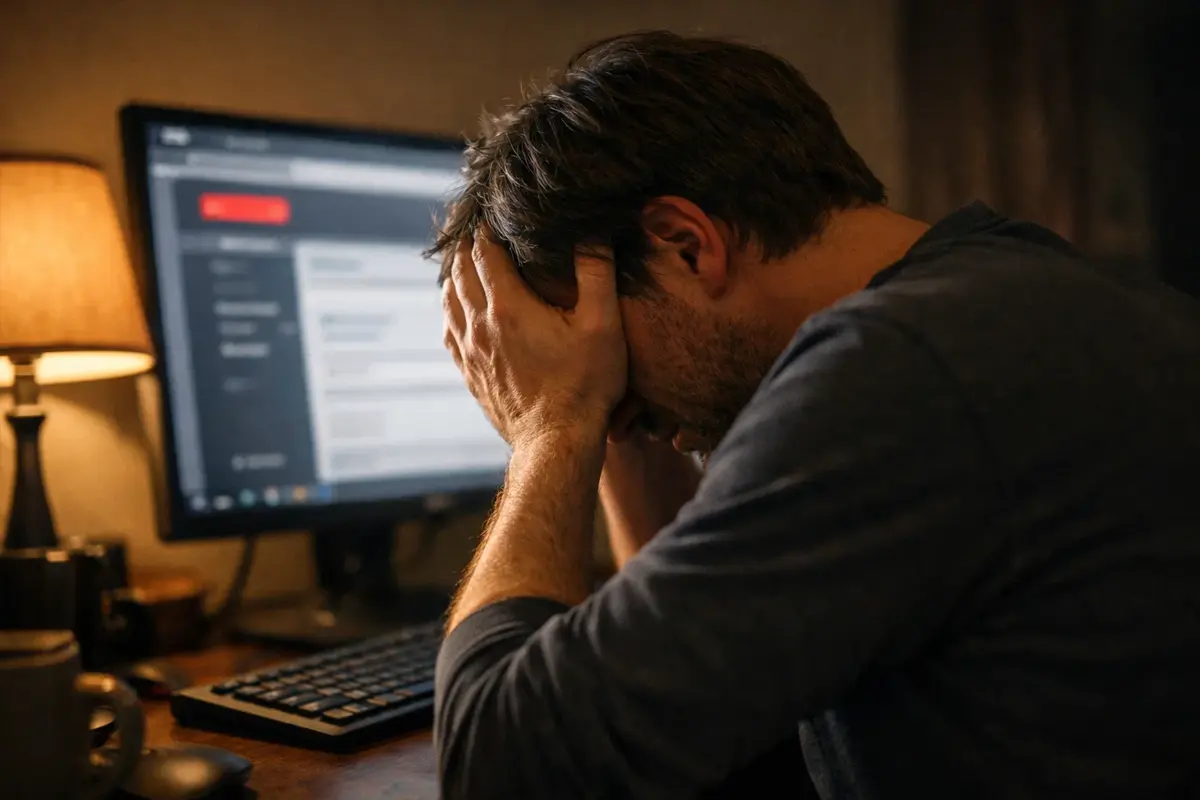 Personne se tenant la tête devant un écran d'ordinateur, air frustré