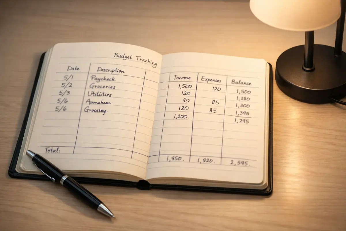 Carnet avec un tableau de suivi de budget et un stylo sur un bureau