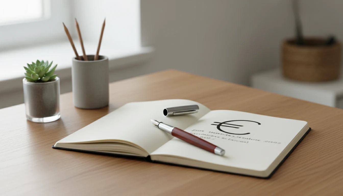 Carnet de notes avec symbole euro et stylo sur un bureau organisé
