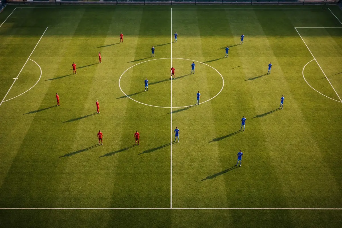 Vue aérienne d'un terrain de football avec les deux équipes en position