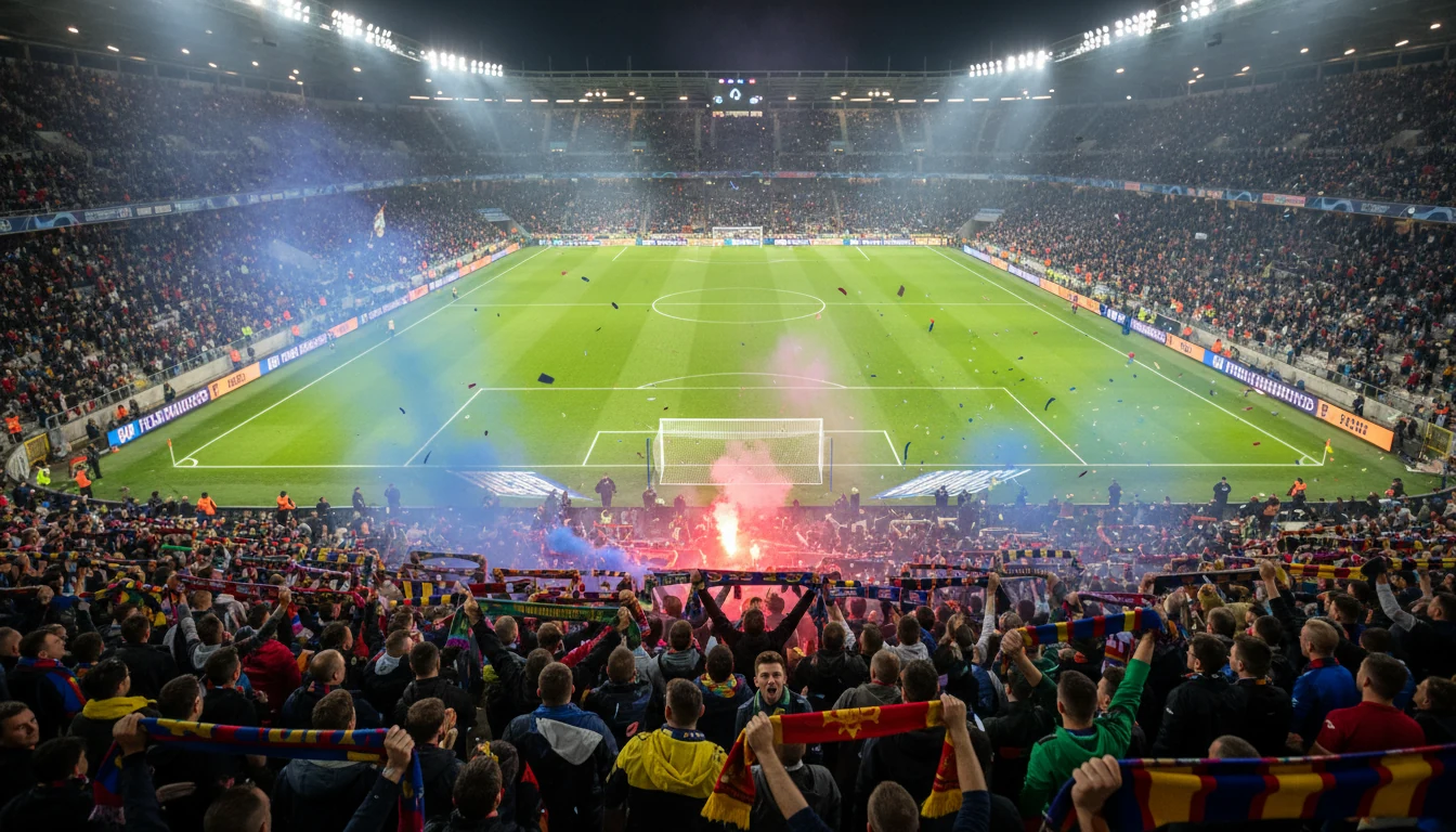 Supporters dans un stade de football regardant un match en soirée