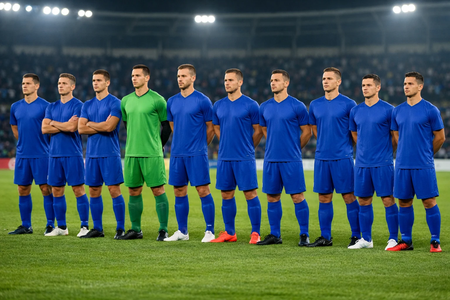 Équipe de football alignée avant un match sur terrain en gazon