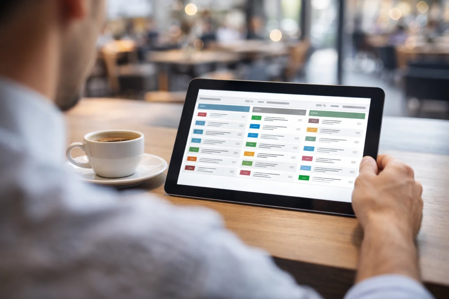 Personne comparant des offres sur tablette dans un café