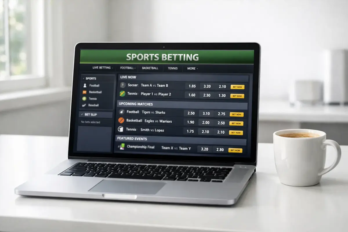 Écran d'ordinateur portable affichant un site de paris sportifs dans un bureau