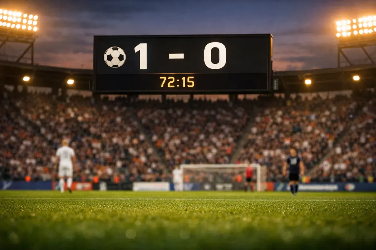 Tableau d'affichage d'un stade de football montrant les scores d'un match