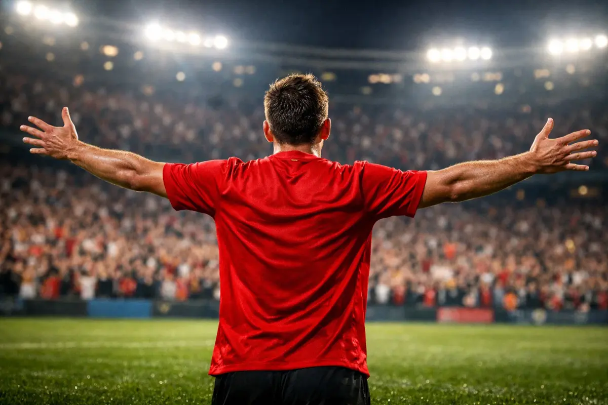 Joueur de football célébrant un but les bras ouverts face au public