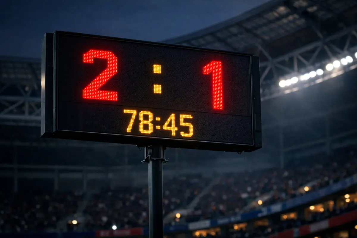 Gros plan sur un tableau d'affichage de stade montrant un score de match