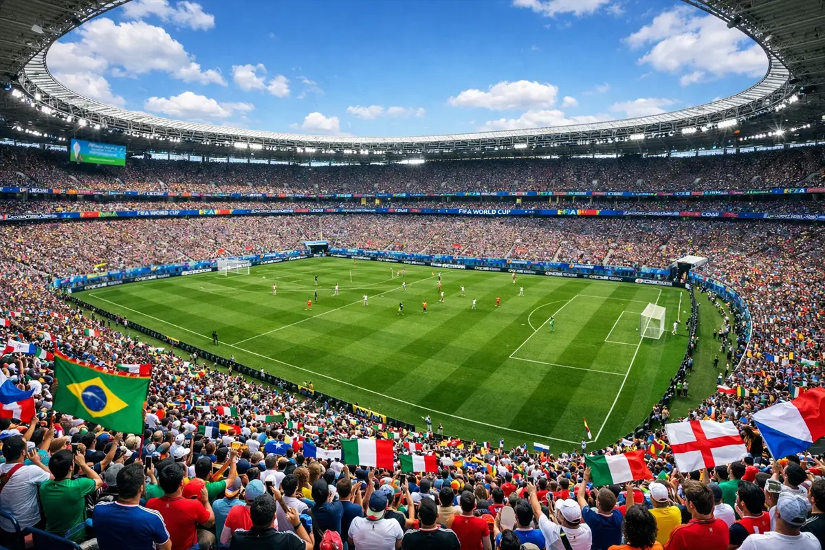 Vue panoramique d'un grand stade international lors d'un match de Coupe du Monde