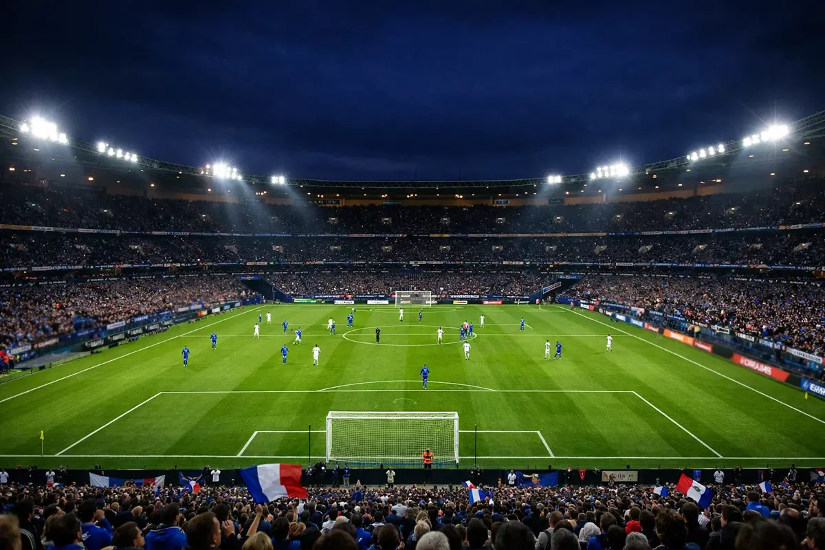 Stade de football français illuminé lors d'un match de Ligue 1 en soirée