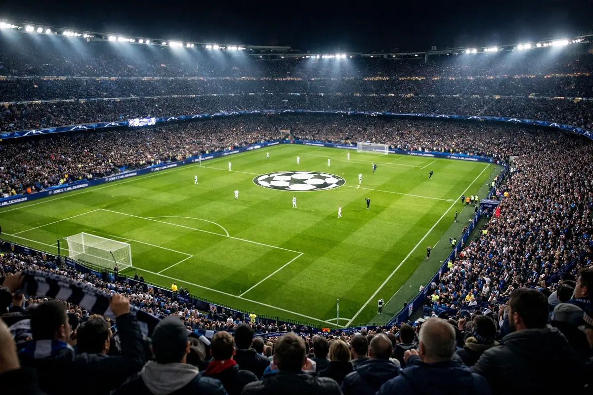 Terrain de football vu depuis les tribunes d'un grand stade européen