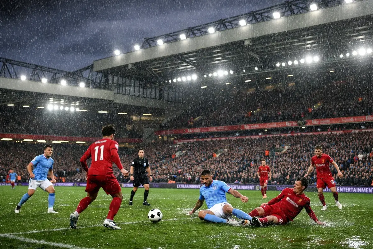 Match de football dans un stade anglais de Premier League sous la pluie