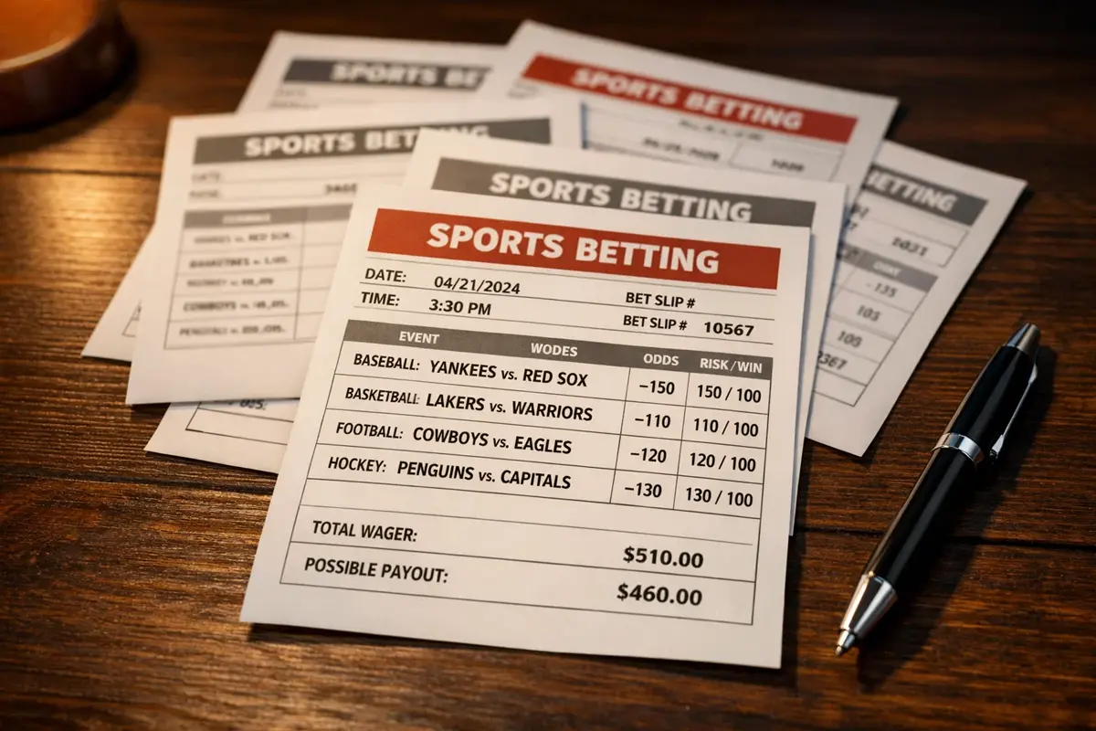 Plusieurs billets de paris sportifs posés sur une table avec un stylo