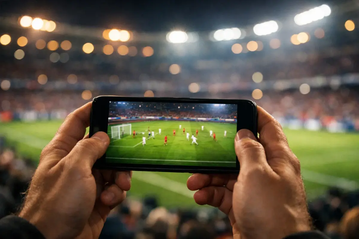 Spectateur regardant un match de football en direct sur son smartphone dans un stade