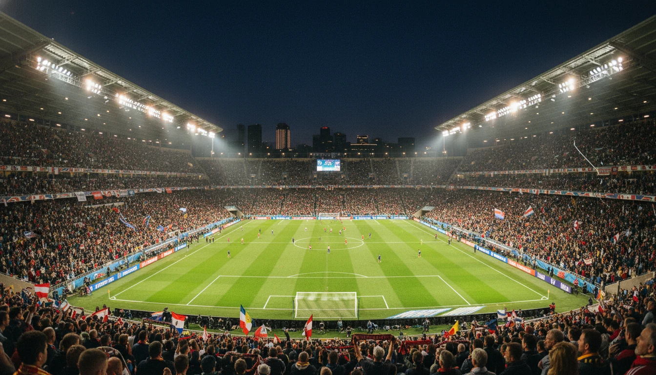 Stade de football illuminé lors d'un match de Ligue 1 avec supporters dans les tribunes