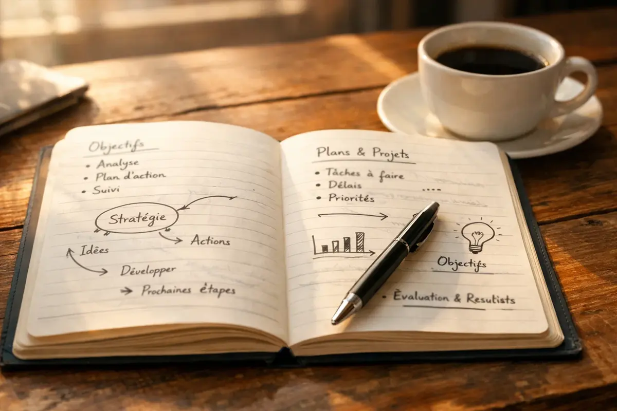 Carnet de notes ouvert avec un plan de stratégie de paris sportifs écrit à la main