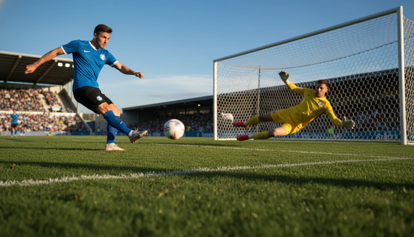 Joueur de football tirant au but sur un terrain de gazon avec gardien en position