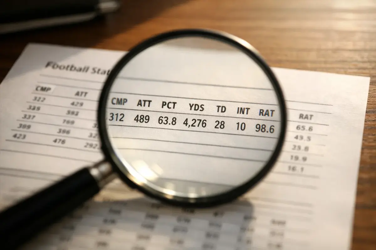 Loupe posée sur des statistiques de football imprimées sur papier